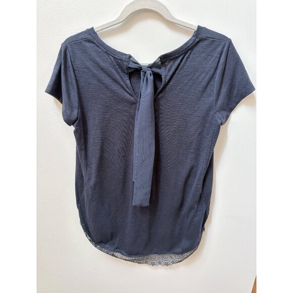 Lauren Conrad Navy Short-Sleeve Top W/ Lace Hem & Bow Back Detail - Picture 2 of 3